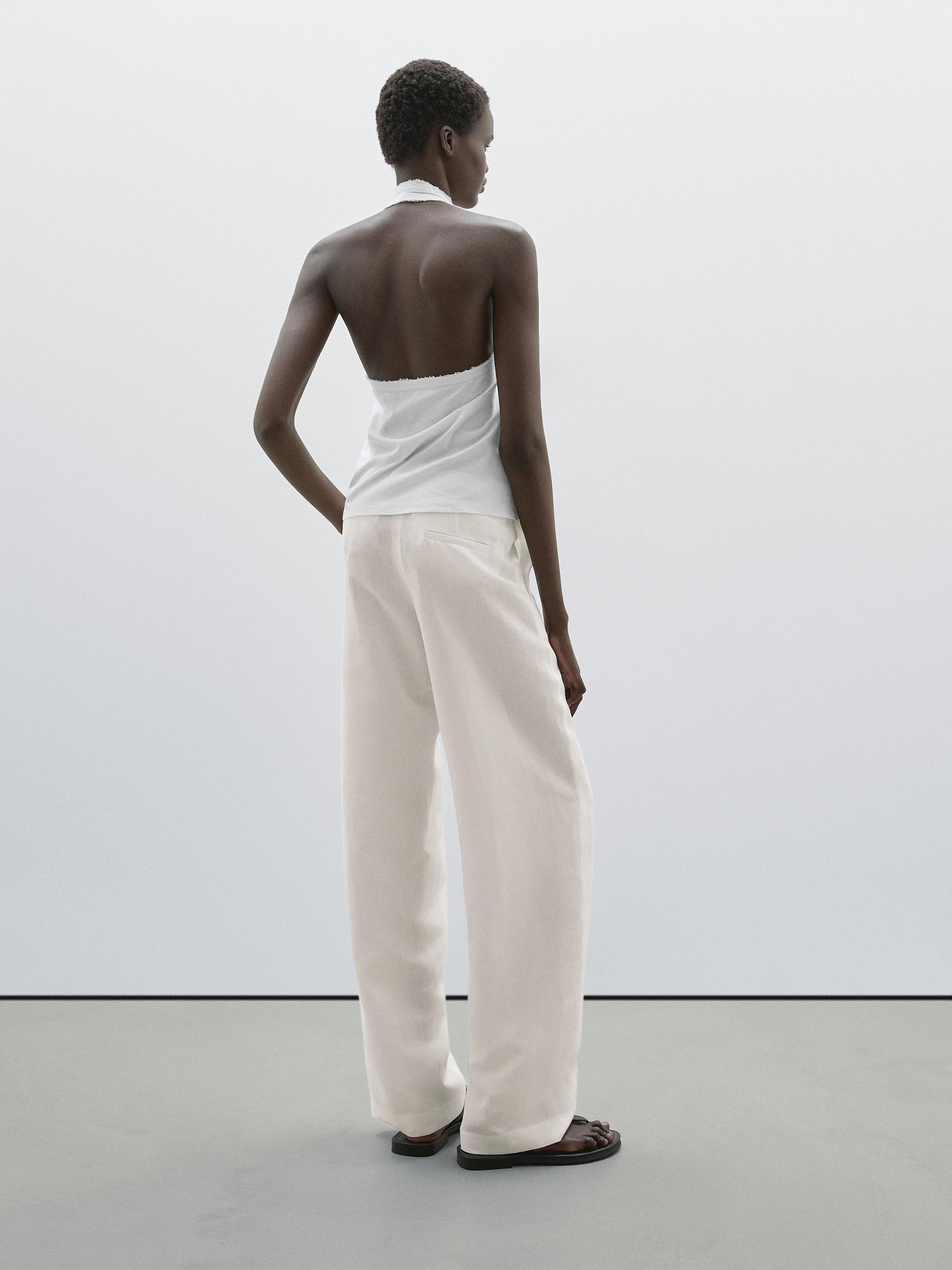 Straight fit flowing linen blend trousers